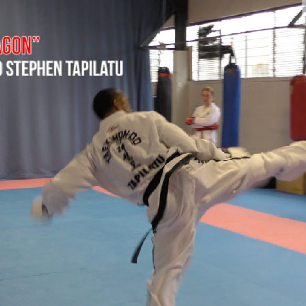 Stephen Tapilatu “The Dragon” coaching sparring drills with Paige Moki and Tatum Clotworthy during an ITF Taekwon-Do sparring class