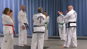 Grand Master Peter Barber teaching a small group Taekwon-Do session, demonstrating traditional movements and practical application.