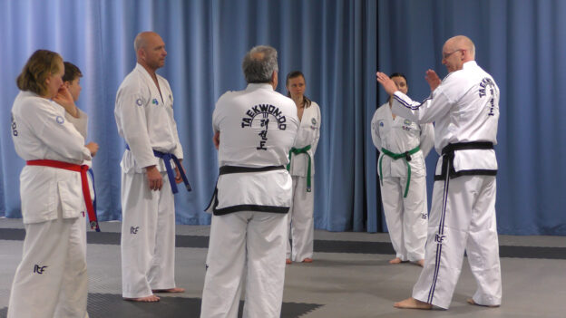 Grand Master Peter Barber teaching a small group Taekwon-Do session, demonstrating traditional movements and practical application.